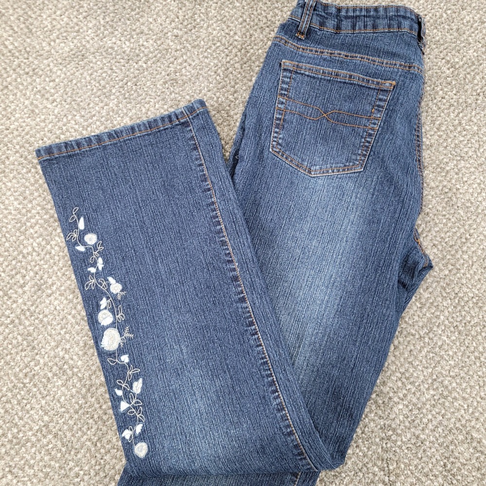 Adolfo Jeans Womens 12 Dark Wash Floral Embroidered Flare Leg Denim Pants Blue